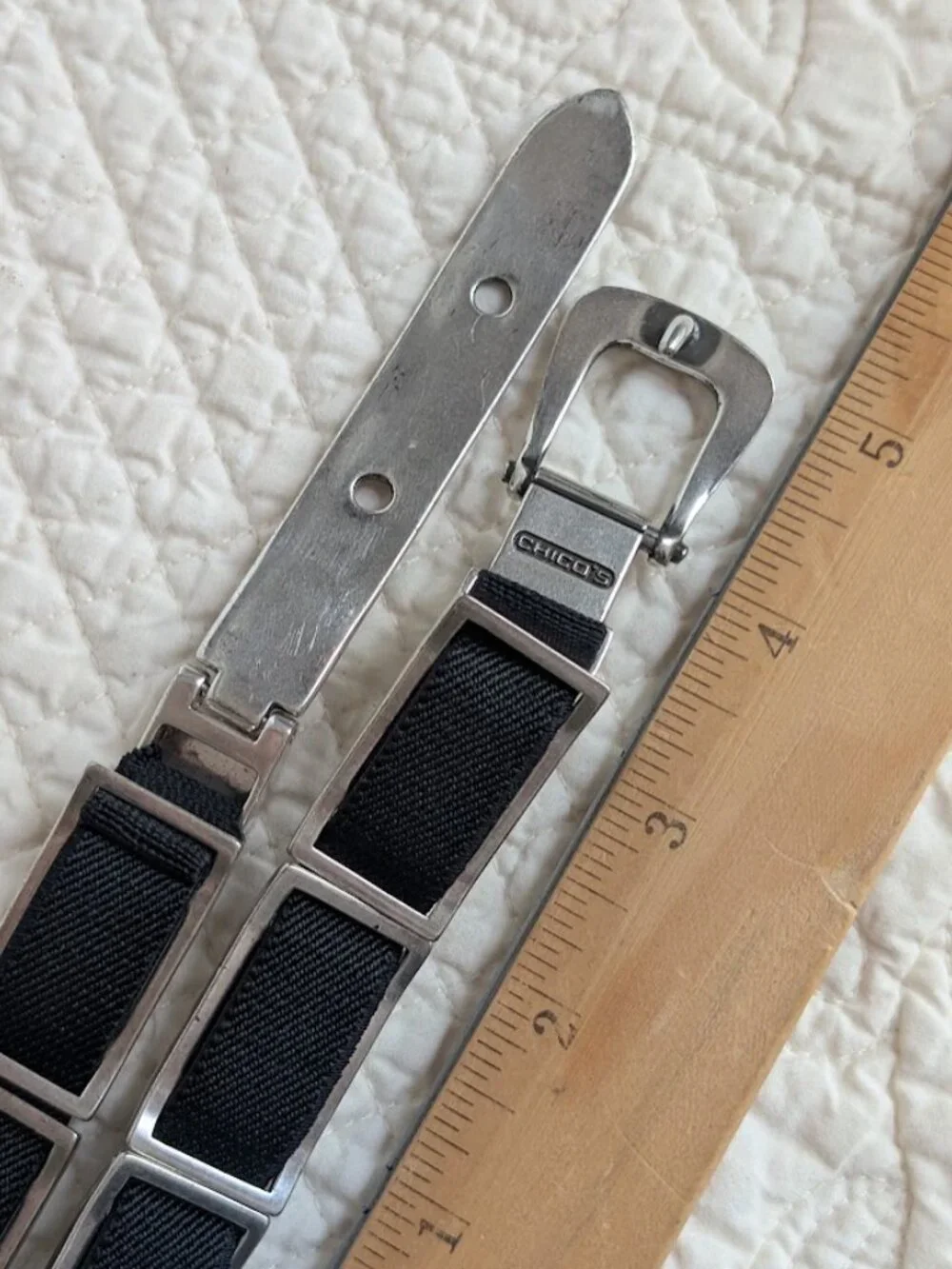 Vintage Chico's Rectangular Silver Metal Tile Concho Elastic Belt Fits 40-48